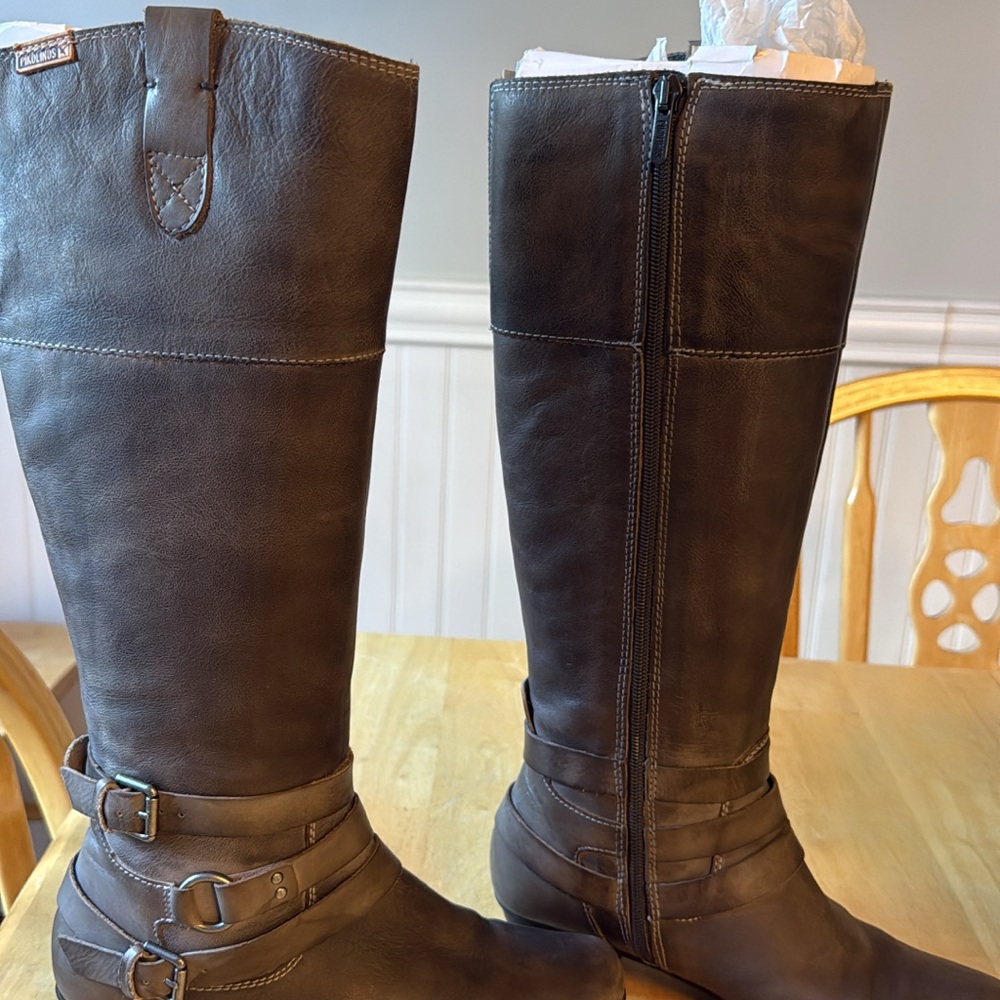 Gray  Leather Knee-High Boots